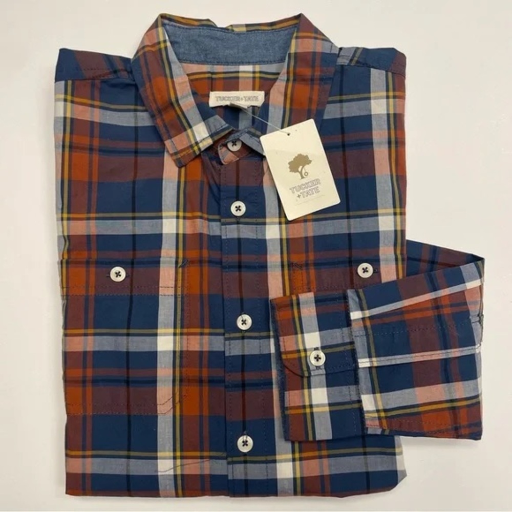 TUCKER + TATE Boys Tartan Plaid Button Down Shirt Navy Blue Rust Orange White